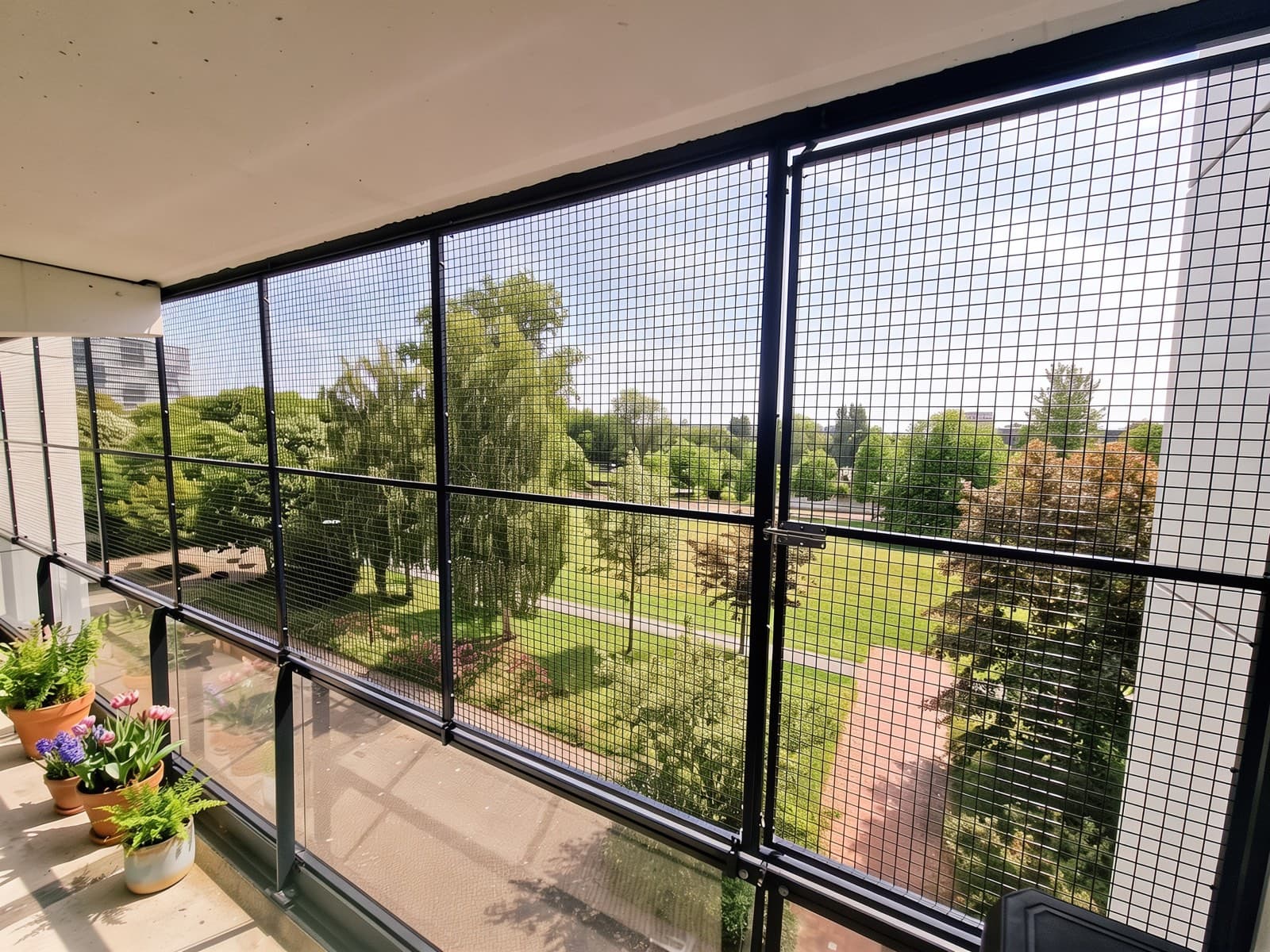 Balkon met antraciet gaasafscherming van de balustrade tot het plafond, met uitzicht over een park